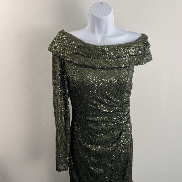 Ieena Mac Duggal Olive Green Sequin One-Shoulder Side Slit Gown Size 6 $398 - Picture 5 of 15
